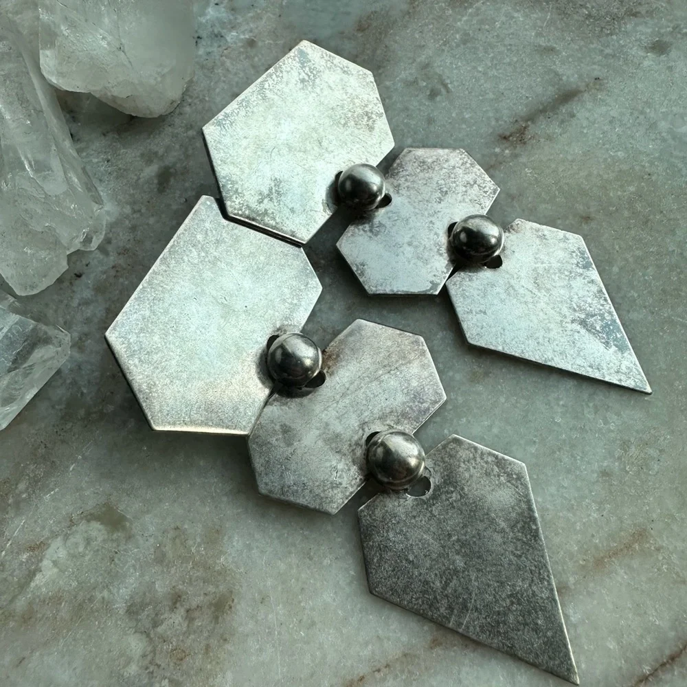 Vintage Silver Geometric Modernist Statement Drop Earrings - Picture 4 of 6